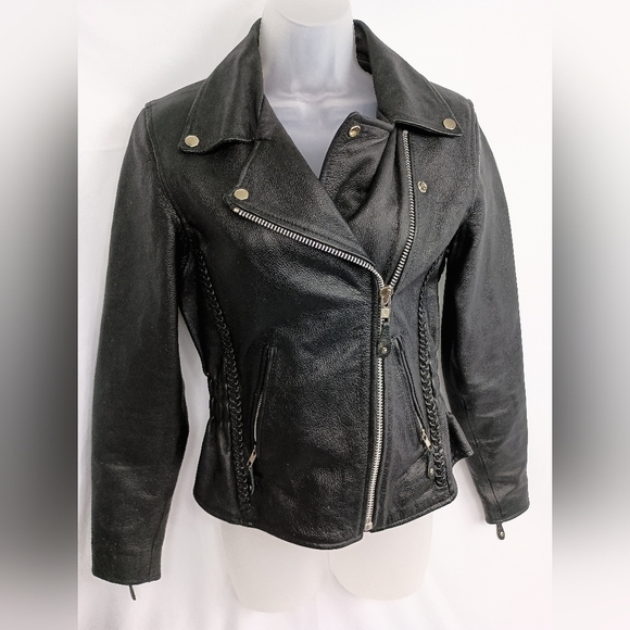FIRST CLASSICS Preppy Biker Outdoors S Motorcycle Black Leather Jacket (#1,241) - Picture 5 of 10